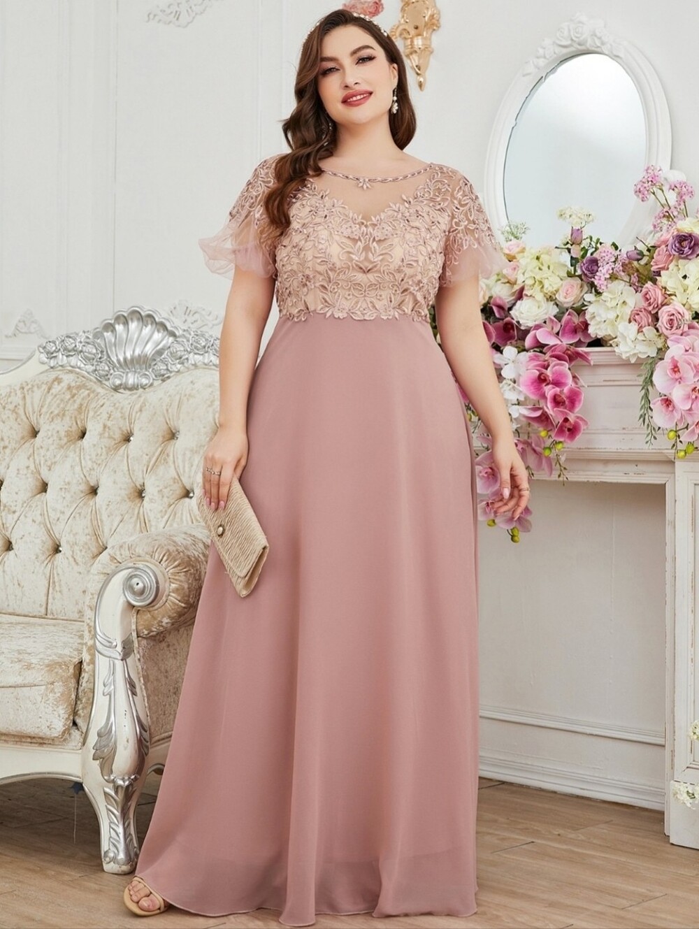 Elegant Plus-Size Dusty Rose Lace A-Line Dress